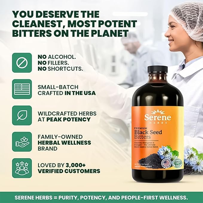 Serene Herbs Organic Black Seed Oil Bitters Liquid - Black Cumin Seed Extract Nigella Sativa Pure Blackseed Supplement with Thymoquinone for Immune Support &amp Digestion - Vegan - 16 oz