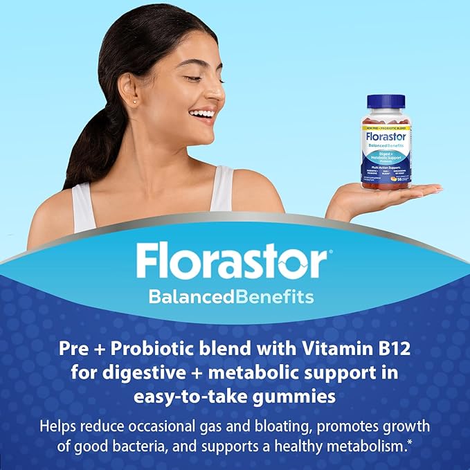 Florastor Prebiotic and Probiotic Gummies Digestive and Metabolic Support Probiotic Blend for Multi-Action Digestive Health Care with Vitamin B12 112 Gummies