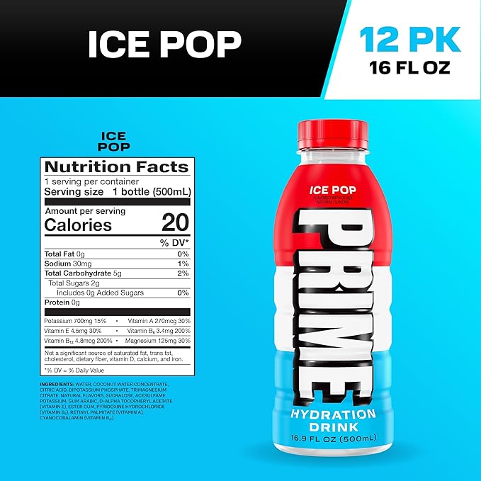 PRIME Hydration ICE POP | Sports Drinks | Electrolyte Enhanced for Ultimate Hydration-| 250mg BCAAs-| B Vitamins-| Antioxidants-| 2g Of Sugar-| 16.9 Fluid Ounce-|(Pack of 24)