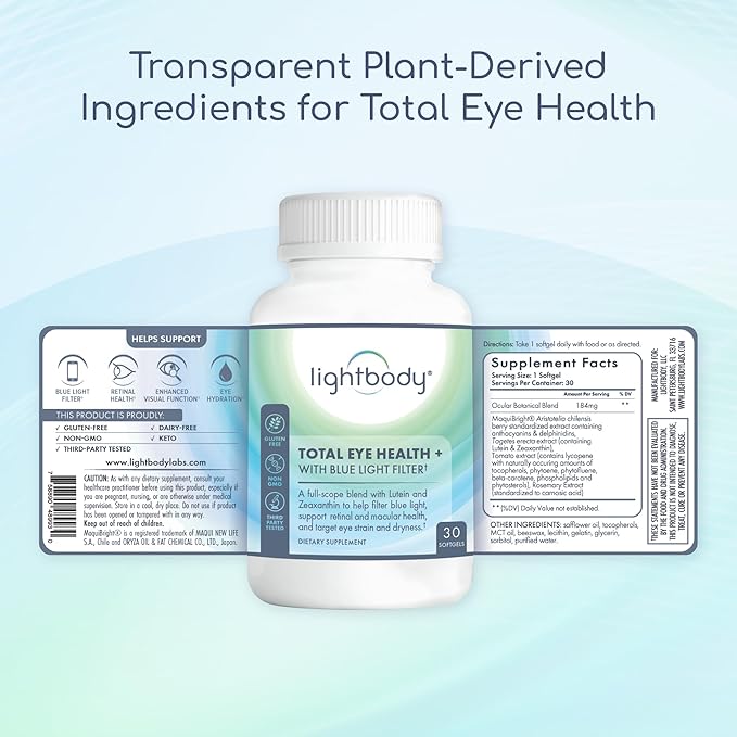 Lightbody Total Eye Health+ – Lutein and Zeaxanthin Eye Supplements with Plant Extracts for Visual Wellness &amp Daily Comfort – Non-GMO Eye Vitamins for Adults (30 Softgels)