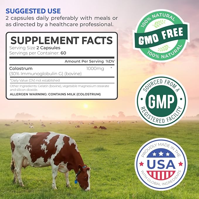 Bovine Colostrum for Women - Colostrum Supplement with 1000mg per Serving and 30% IgG Immunoglobulins from First Milking - Low Heat Processed for Maximum Potency Non-GMO &amp Made in the US (2 Month