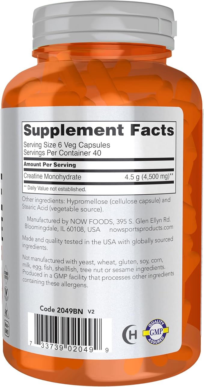 Now Foods Sports Nutrition Creatine Monohydrate 750 mg Mass Building*/Energy Production* 240 Veg Capsules
