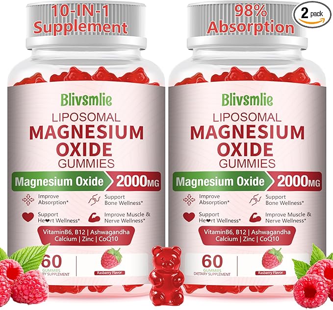 2 Pack Liposomal Magnesium Oxide Gummies 2000mg Complex AshwagandhaCoQ10 L-Theanine L-5-MTHF Methyl B12 Zinc for Sleep &amp EnergyStress ReliefHeart HealthNeuro Support
