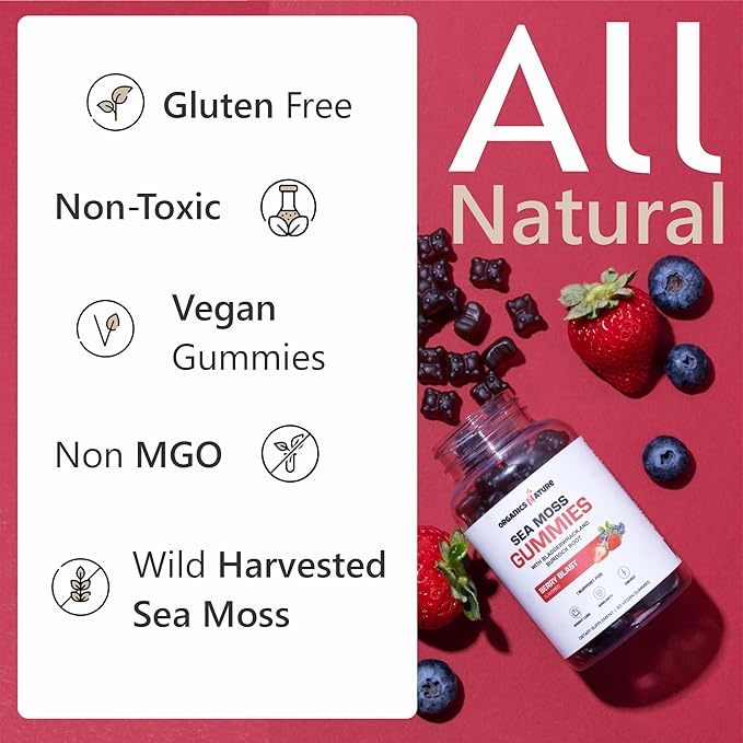 ORGANICS NATURE Irish Sea Moss Gummies for Lung Detox Thyroid Strength Immune &amp Energy Support Vegan Seamoss Gummies for Kids &amp Adults - 60 Vegan Gummy Bears Berry Flavored