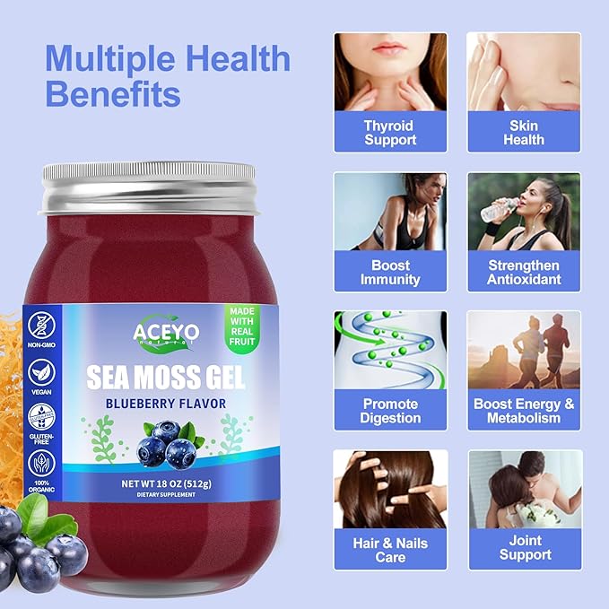 ACEYO (18 OZ) Irish Sea Moss Gel Organic Raw Vegan Blueberry Flavor 102 Vitamins and Minerals Wild Harvested Non-GMO Immune Defense Booster Thyroid Digestive Support