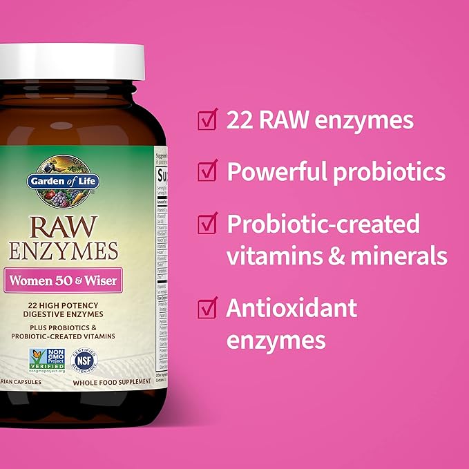 Garden of Life 22 Digestive Enzymes for Women 50 &amp Over with Bromelain Papain &amp Lactase plus Probiotics &amp Vitamins B12 Biotin &amp Zinc – RAW Enzymes – Non-GMO Gluten-Free Vegetarian