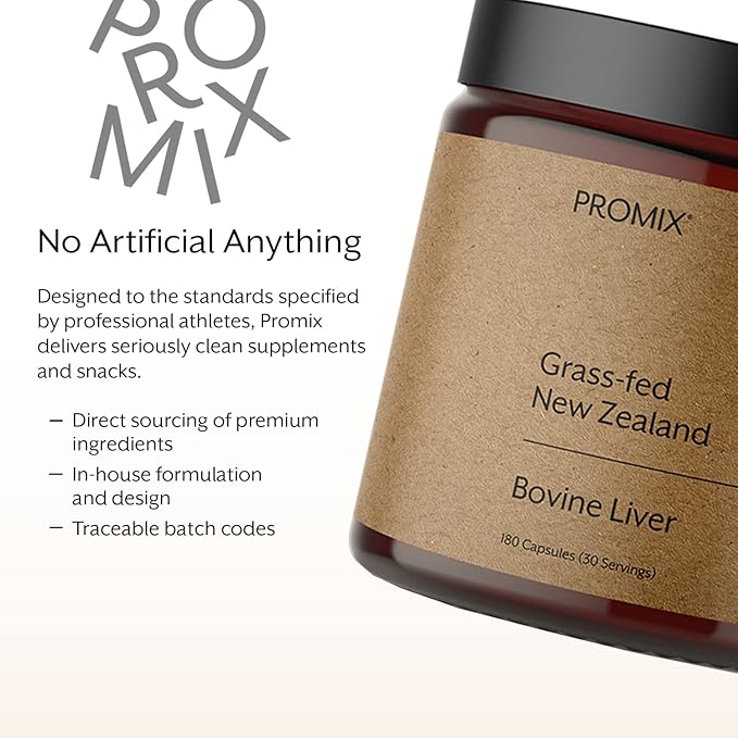 ProMix Nutrition Grass Fed Raw Beef Liver Supplement Multivitamin - Bioavailable Vitamin A B12 D3 Heme Iron - 180 Gelatin Capsules