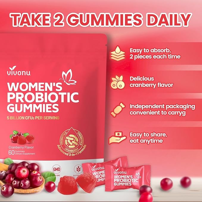 VivoNu Viginal Probiotics for Women Women Probiotic Gummies Feminine Balance Gummies Prebiotic Gummy Probiotics for Woman Vaginigal Health Yeast Ph Balance(60 Cranberry + 60 Green Apple)