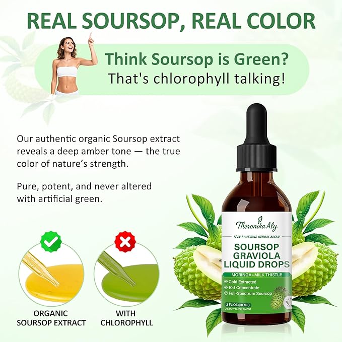 Soursop Bitters Liquid Drops 11-in-1 Herbal Blend with Soursop Extract Sea Moss Moringa Turmeric Black Cumin &amp Milk Thistle Soursop Drops for Daily Wellness 2 Fl Oz