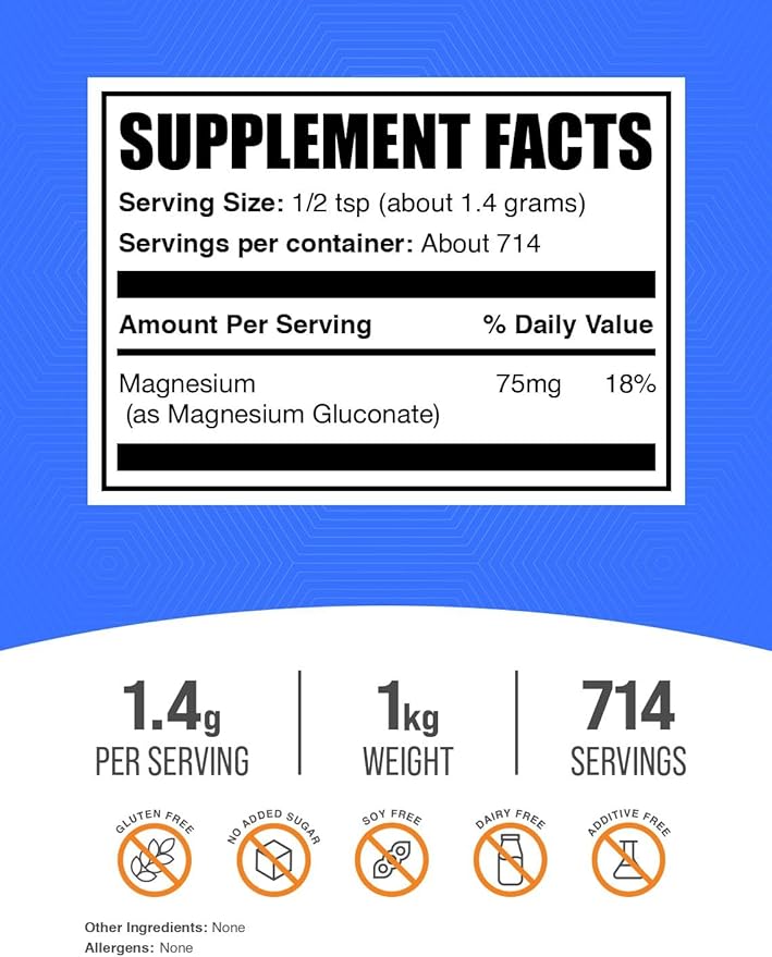 BulkSupplements.com Magnesium Gluconate Powder - Magnesium Supplement Essential Mineral - Unflavored &amp Gluten Free 1.4g per Serving 1kg (2.2 lbs) (Pack of 1)