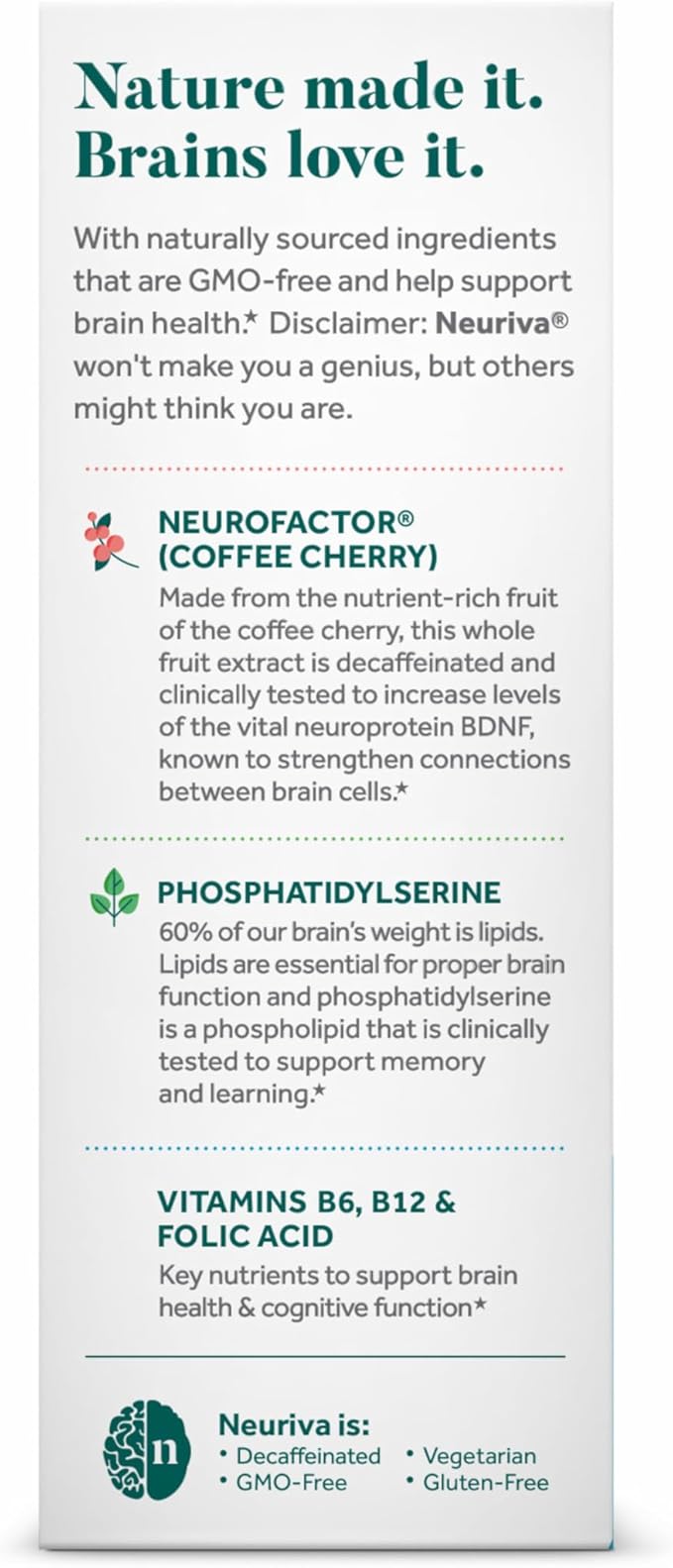 NEURIVA Plus Brain Supplement for Memory and Focus Clinically Tested Nootropics for Concentration for Mental Clarity Cognitive Enhancement Vitamins B6 B12 Phosphatidylserine 30 Capsules
