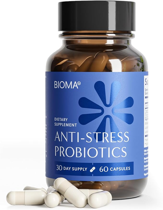 BIOMA Anti-Stress Probiotics – 3-in-1 Gut-Brain Axis Support for Stress Relief &amp Mood – Prebiotics Postbiotics &amp Clinically Studied Strains – Vagus Nerve Serotonin &amp Digestive Support –