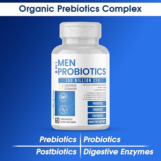Probiotics for Men - 150 Billion CFU Acidophilus Capsules with Prebiotics &amp Postbiotics - Supports Gut Microbiome Colon &amp Immune Health - 37 Strains with Digestive Enzymes - 60 Vegan Capsules