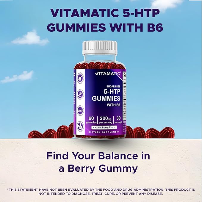 Vitamatic Sugar Free 5-HTP 200mg Gummies with B6 – 60 Pectin-Based Gummies – Mood Support &amp Stress Relief- 2 Pack