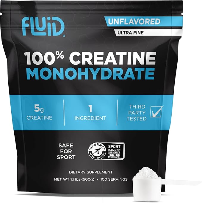 Fluid Creatine - Informed Sport Certified | Ultra-Fine Micronized 100% Creatine Monohydrate Powder | Unflavored | 5g Serving | 100 Serving Bulk Pack