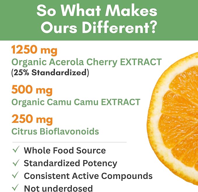 Natural Vitamin C from Acerola Cherry &amp Camu Camu Powder - High Absorption with Citrus Bioflavonoids - Immune System &amp Collagen Booster - Anti Aging Skin Vitamins Made in USA 90 servings