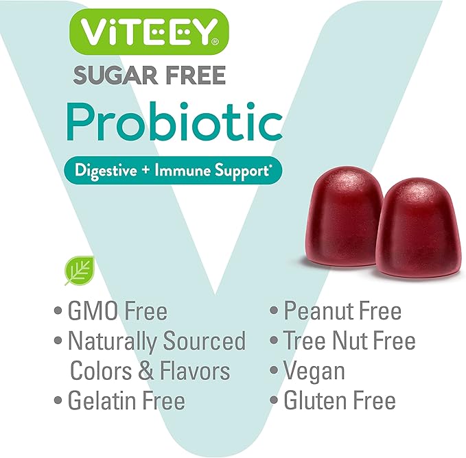 Viteey Probiotic Gummies for Women Men &amp Teens 2 Billion CFUs - Sugar Free - Immune Booster Digestive Support Gut Health - Vegan Gelatin Free GMO Free - Tasty Chewable Raspberry Flavored Gum