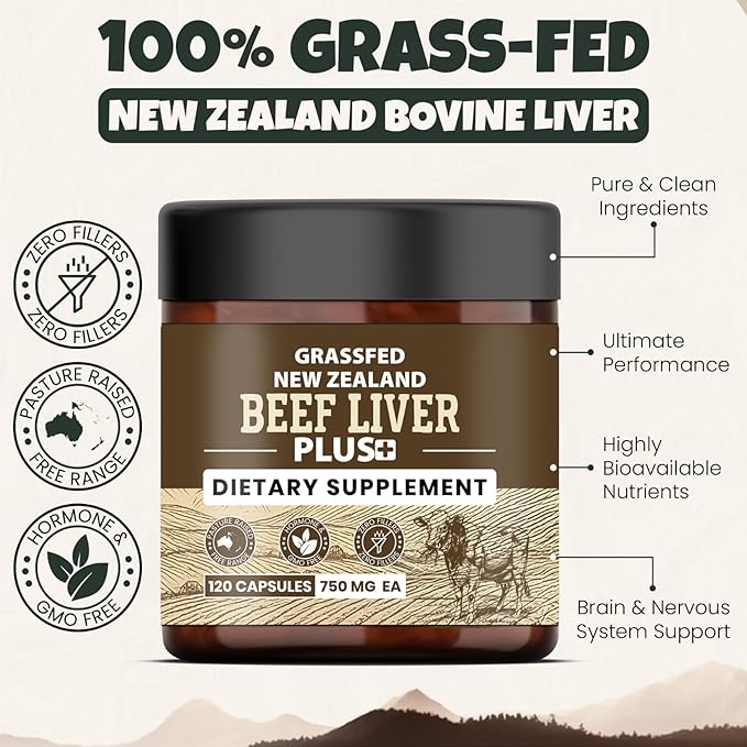 Grassfed Beef Liver Supplement - Supports Muscle Recovery &amp Energy - 3000mg Desiccated Organic Grassfed Capsules - 100% Pasture-Raised New Zealand Bovine Liver - Non-GMO &amp Gluten-Free - 120 Ca