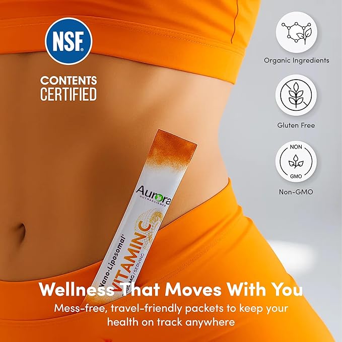 Vida Lifescience Aurora Nutrascience Nano-Pack Liposomal Vitamin C Powder Drink Mix Immune Support High Strength 3000 mg Per Serving 30 Single Serve Packets Orange