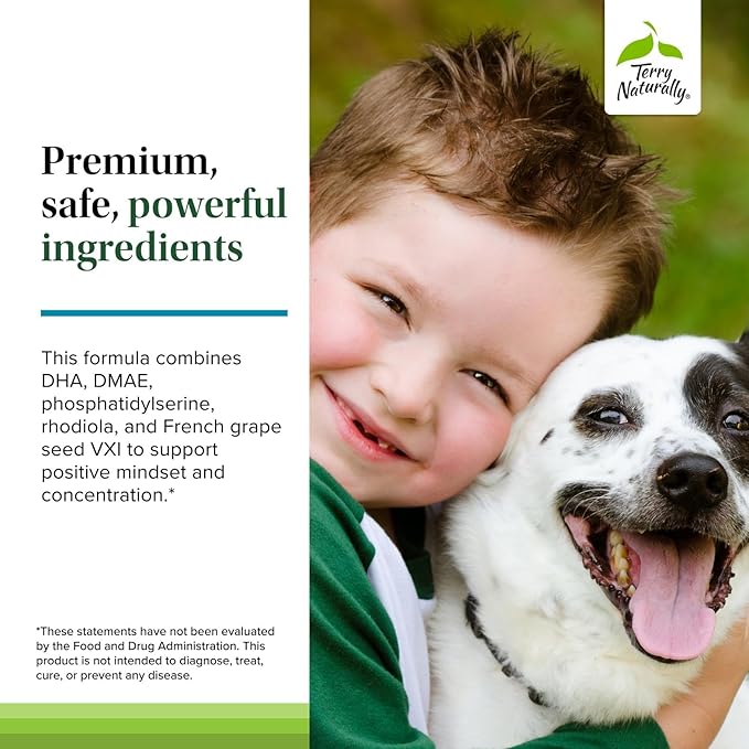 Terry Naturally Calm Kids - Calm Child Supplement - Brain Health for Focus Memory &amp Concentration - Attention Supplement for Kids - Support Learning &amp Concentration - 60 Capsules