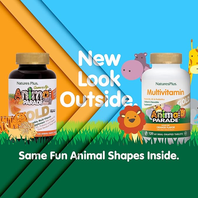 NaturesPlus Animal Parade Gold Children's Multivitamin - Orange Flavor - 120 Chewable Tablets Pack of 2 - Gluten Free - 120 Total Servings