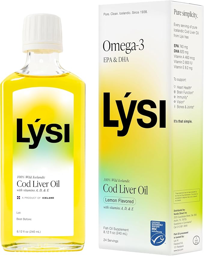 LYSI Icelandic Cod Liver Oil Liquid Supplement – 1100 mg Omega-3 per Teaspoon – EPA 740 mg &amp DHA 920 mg per 2 TSP – with Vitamins A D &amp E – Lemon Flavor 8.12 fl oz (24 Servings)