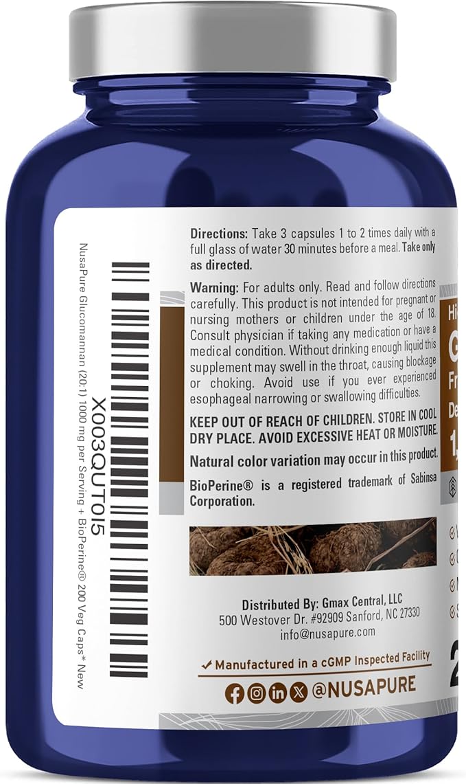 NusaPure Glucomannan 1000 mg per Serving 200 Veg Caps (BioPerine Non-GMO Vegan) Konjac Root