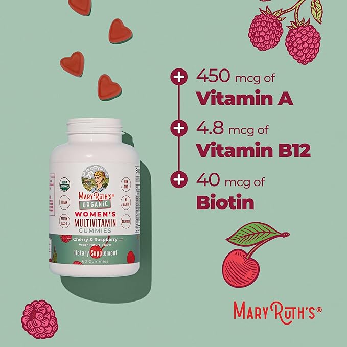 MARYRUTH'S Multivitamin Gummies for Women Ages 14+ | Immune Support | Hair &amp Skin Health | Reproductive Health | Vitamin A C D E B6 B12 Biotin Zinc Iodine | Organic | Vegan | Non-GMO | 60 Count