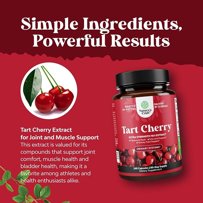Natures Craft Extra Strength Tart Cherry Capsules - Tart Cherry Extract Capsules for Uric Acid Cleanse for Kidney Support - Fruit Extract Supplement for Urinary Tract Health &amp Joint Support - 240