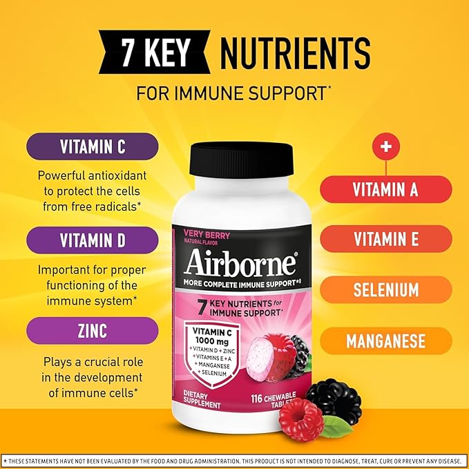 Airborne 1000mg Vitamin C + Zinc Immune Support Supplement Chewable Tablets Powerful Antioxidants Vitamins A C &amp E 116 Chewable Tablets Very Berry Flavor (2 Pack)
