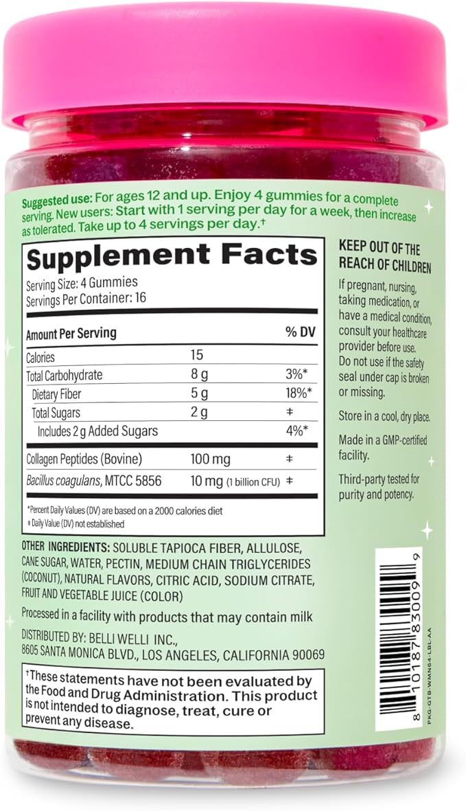 Belli Welli Fiber 4-in-1 Fiber Gummies Supplement with Added Probiotics Collagen and Electrolytes for Regularity and Bloat Relief Watermelon 120 Count