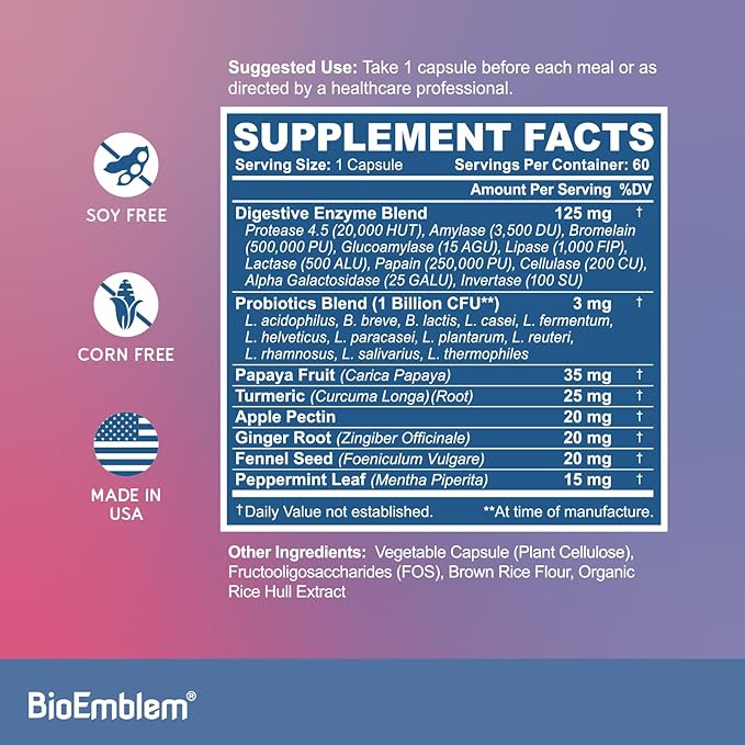 BioEmblem Digestive Enzymes - 10 Enzymes w/ 12 Strain 1 Billion CFU Probiotics for Nutrient Absorption &amp Digestive Support - Papaya Bromelain &amp Papain to Help Bloating &amp Gas - Non-GMO - 6
