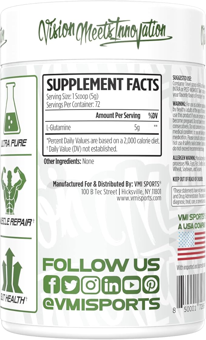 VMI Sports Glutamine Muscle Repair Powder Pure L-Glutamine | Muscle Repair &amp Recovery – Gut Health – Protein Synthesis | 5g per Serving – 72 Servings