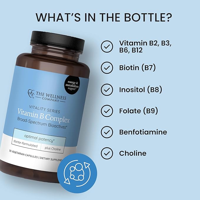 The Wellness Company Vitamin B Complex – Muscle Recovery Focus &amp Resilience Broad-Spectrium Methylated B Vitamins | 30ct (1 Month Supply)
