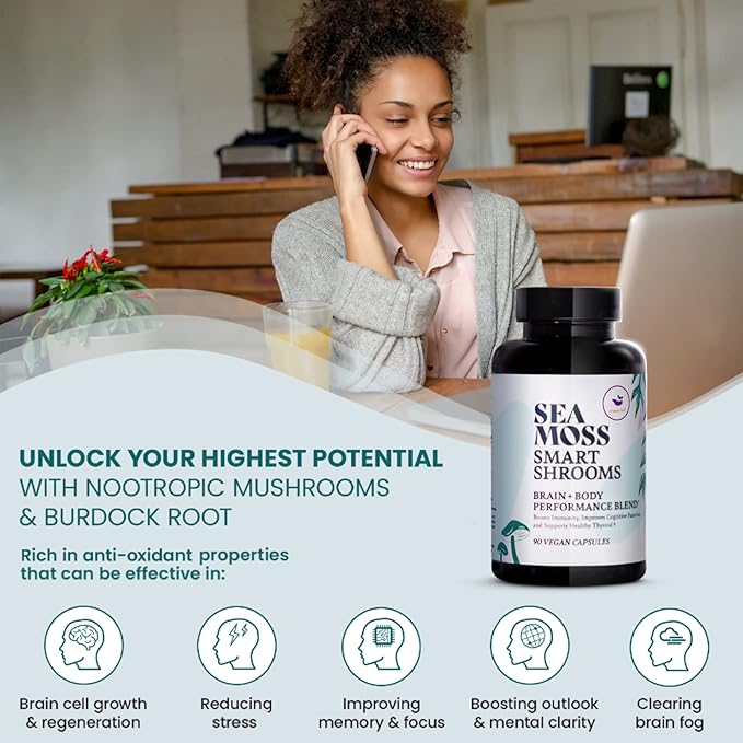 HAPPY FOX Irish Sea Moss Capsules &amp Mushroom Complex - Organic Seamoss with Adaptogens for Brain Health 1500mg 90 Vegan Capsules Organic Mushroom Supplement