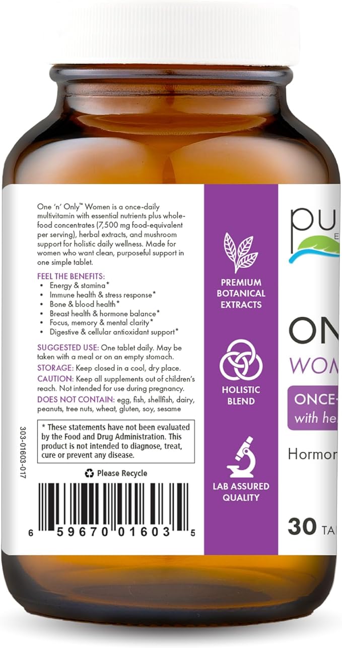PURE ESSENCE LABS One N Only Multivitamin for Women Natural One a Day Herbal Supplement with Vitamin D3 B12 and Biotin with Whole Foods 30 Tablets