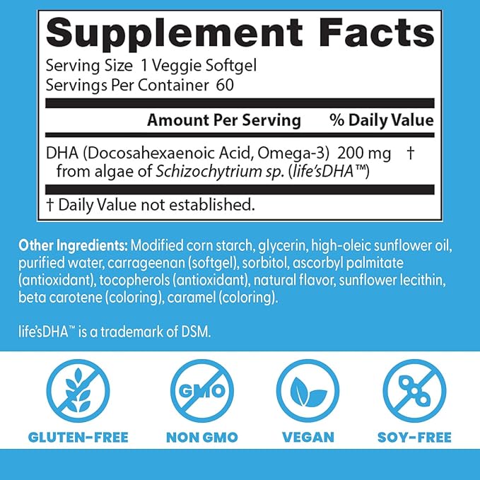 Doctors Best Vegan DHA from Algae - Vegan Plant Based Omega 3 Supplement for Women &amp Men Supports Memory Brain &amp Cardiovascular Health Non-GMO Gluten Free Soy Free - 60 Veggie Softgels