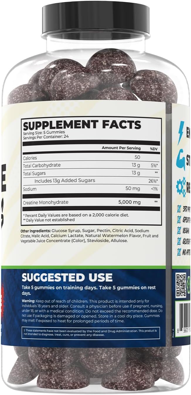 Train Naked Labs Creatine Gummies | Gummy Creatine Chewables for Men &amp Women | 5g per Serving | Gluten Free &amp Vegan | 120 Gummies 24 Servings (Melon Slice)