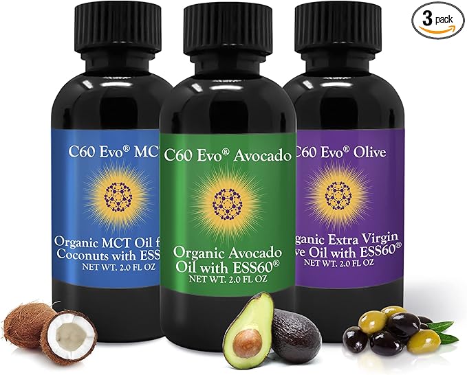 C60 Evo All-Natural Edible Oils Mini Oil Sampler Set with Pure C60 ESS60 Immune Support and Joint Support Supplement with Olive Oil Avocado Oil &amp MCT Coconut Oil Set of 3 2 oz