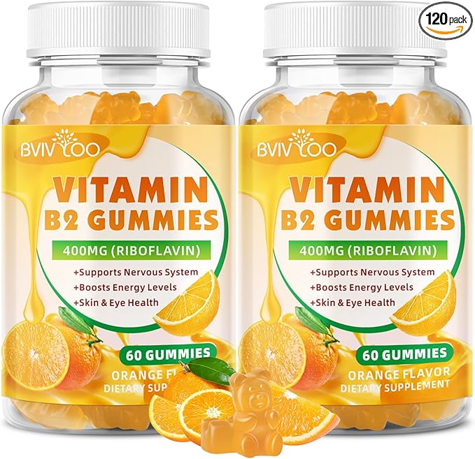 2 Pack Vitamin B2 Gummies - Riboflavin 400mg for Kids &amp Adults Migraine Relief &amp Headache Relief Vegan Sugar-Free Orange Flavor 120 Gummies