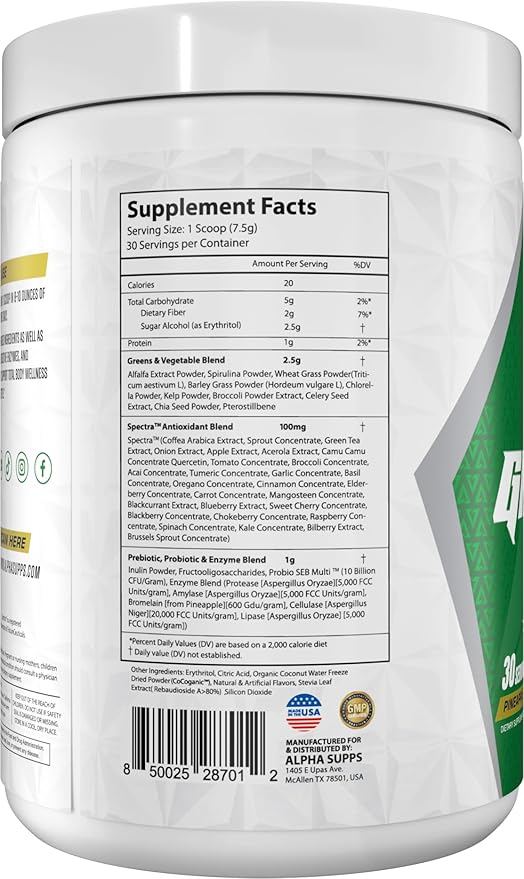 Alpha Supps - Alpha Greens Supplement | Fruit &amp Vegetable Superfood Powder | Over 40 Natural Plant Based Ingredients | Prebiotic &amp Probiotic Digestive Support Blend - 30 Servings (Pineapple)