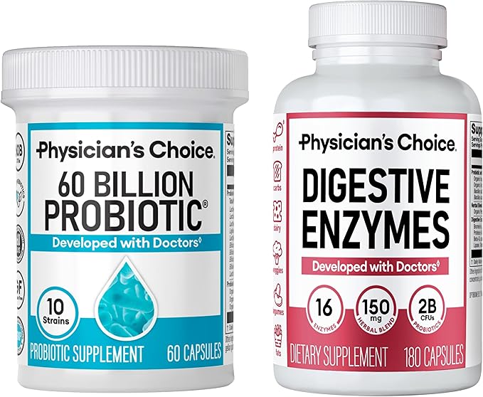 Physician's CHOICE - Optimal Gut Health Bundle: 60 Billion Probiotic 60ct + Digestive Enzyme 180ct for Digestive Comfort and Immune Support - Value Bundle
