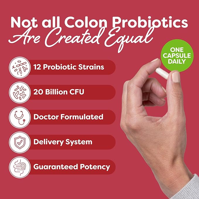 Probulin Colon Support Daily Probiotic + Prebiotic + Support Gut Health Occasional Gas and Bloating - 20 Billion CFU - 12 Strains 30 Vegan Capsules