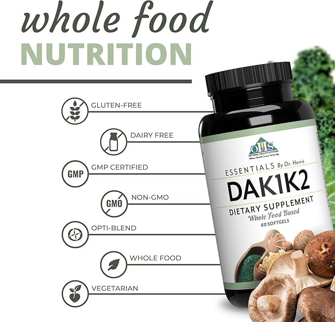 Optimal Health Systems Essential DAK1K2 | Vitamin D3 + A + K1 + K2 Immune Support Bone Health &amp Heart Health | Vitamin D w/MK-7 | 5000 IU | (Non-GMO Whole Food Gluten-Free) 60 Softgels