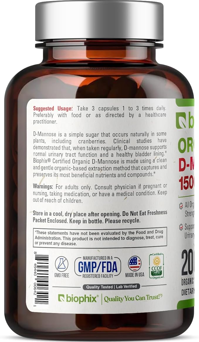 biophix D-Mannose USDA Organic 1500 mg 200 Veggie Caps - Supports a Healthy Bladder Urinary Tract Non-GMO Vegan-Friendly