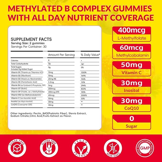 Liquid-Filled B Complex Gummies for Daily Routine Juicy Berry Flavor Complete B Vitamins with Vitamin C CoQ10 &amp Inositol Easy to Enjoy 60 Gummies x 2 (120 Total)