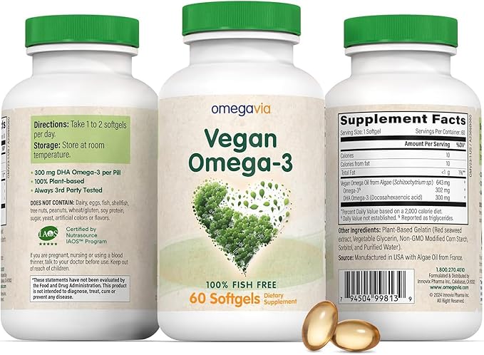 OmegaVia Vegan Omega 3 Supplement Algae Omega 3 Fish Oil Alternative 300mg Vegan DHA Fatty Acids Plant Based Planet and Ocean Friendly IAOS 5 Star Tested 60 Softgels
