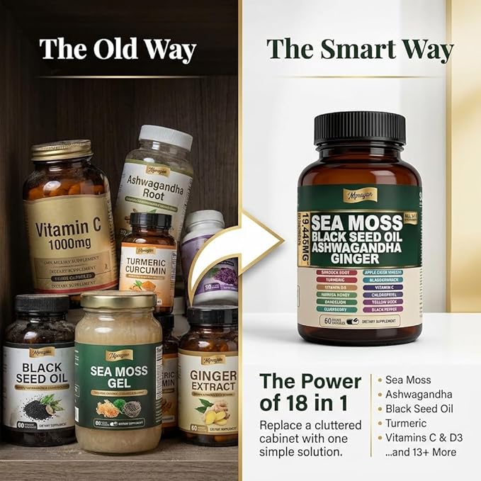 Sea Moss Black Seed Oil Ashwagandha Capsules - 10:1 Extract Blend 60ct