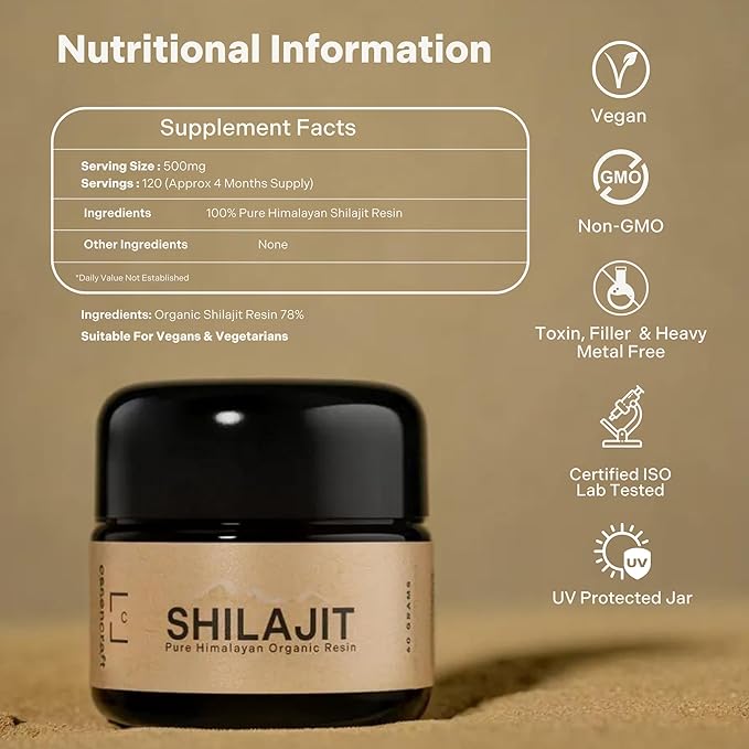 Organic Himalayan Shilajit Resin - 500mg Max Potency Lab Tested Pure Shilajit for Men and Women 85+ Trace Minerals Fulvic Acid Immune Support Energy &amp Cognitive Performance 4 Month Supply 60