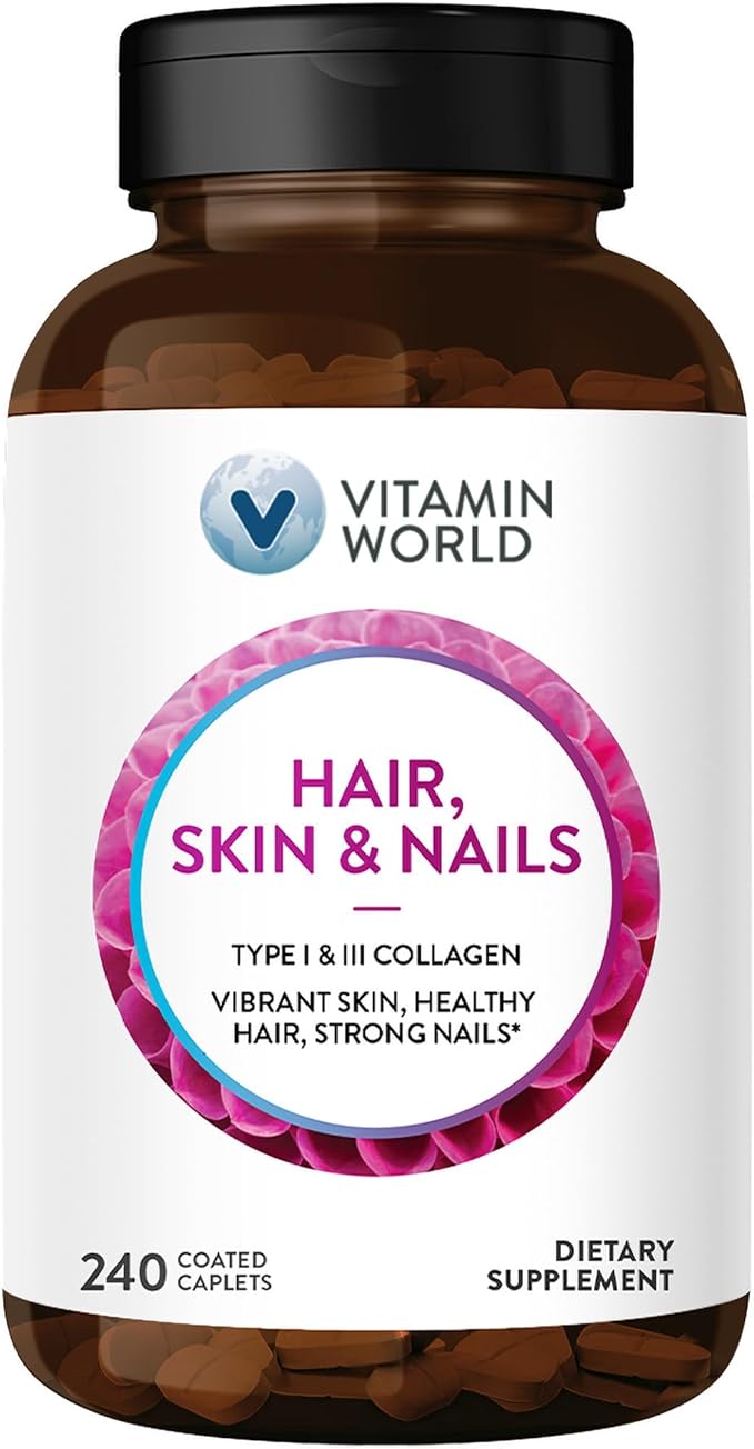 Vitamin World Hair Skin and Nails Formula 240 caplets Type I and III Collagen 3000mcg Biotin Antioxidant Coated Gluten Free
